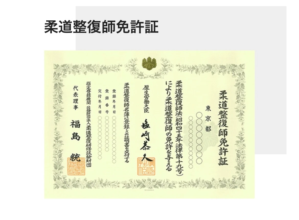 香川県高松市で慢性的な腰痛・肩こりを根本改善するなつめ鍼灸整骨院の柔道整復師免許